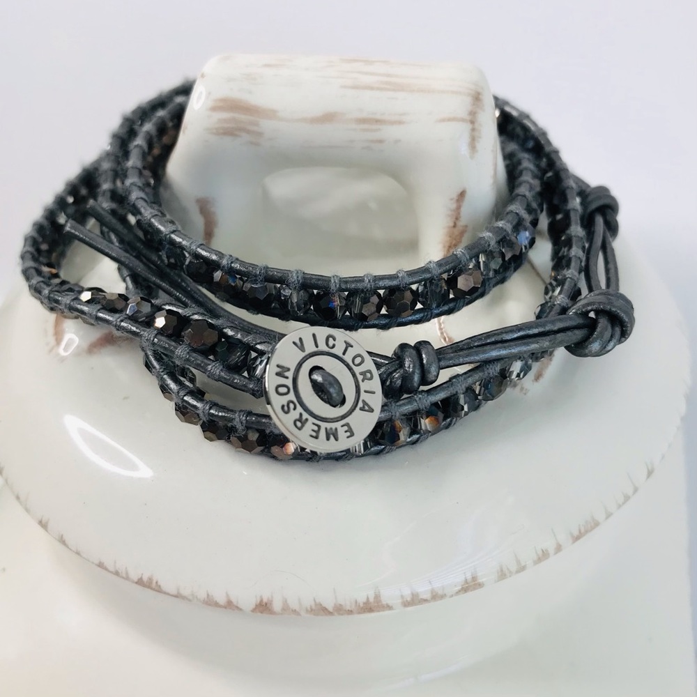 VICTORIA EMERSON Gray AB Crystal Leather Wrap Bracelet 3 Wrap